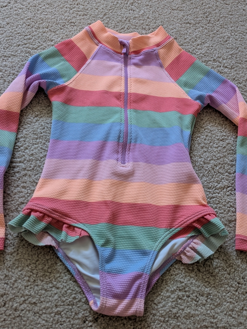 Girls' Long-Sleeve Pastel Rainbow Stripe One-Piece Swimsuit
